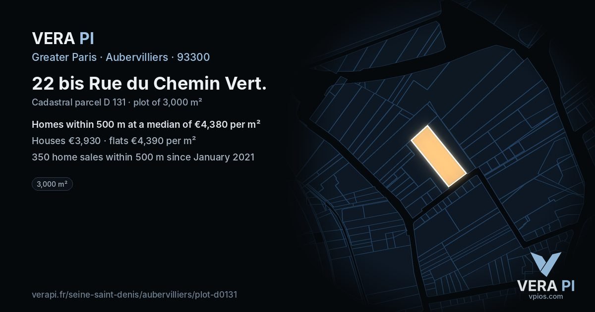 22 bis Rue du Chemin Vert, Aubervilliers at night – the plot lit, the parcels around coloured by the prices near them