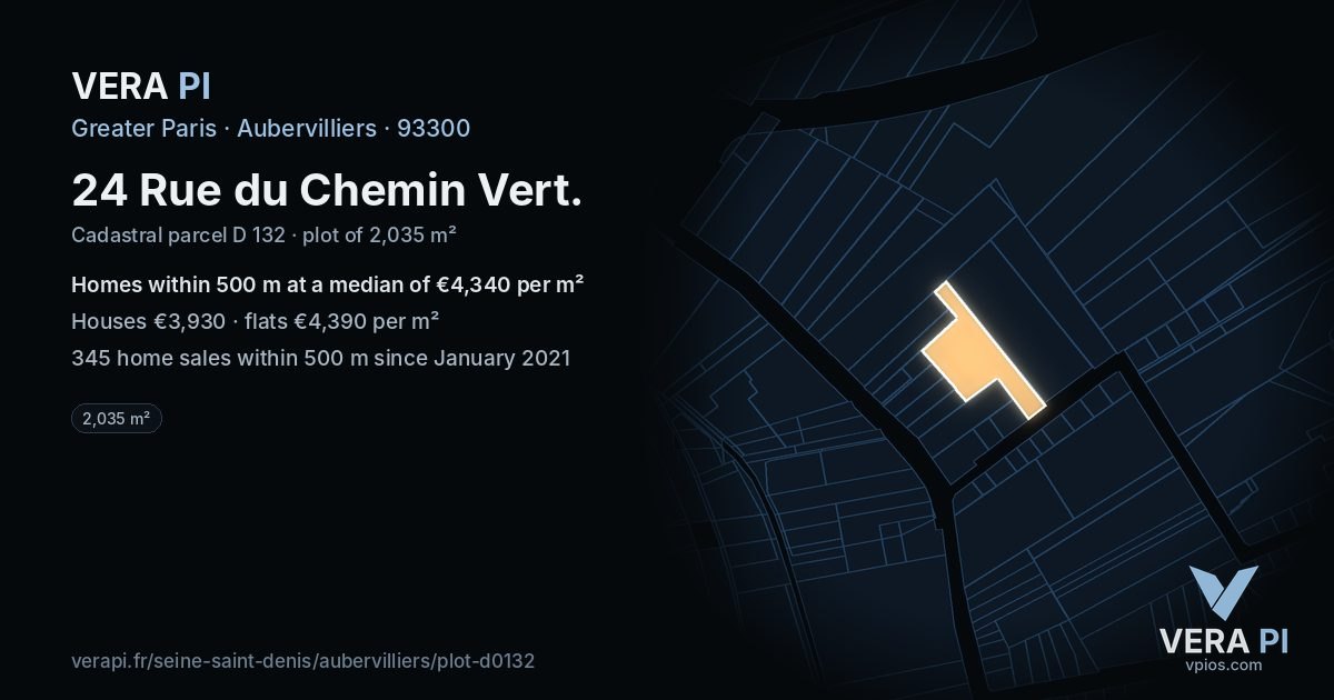 24 Rue du Chemin Vert, Aubervilliers at night – the plot lit, the parcels around coloured by the prices near them