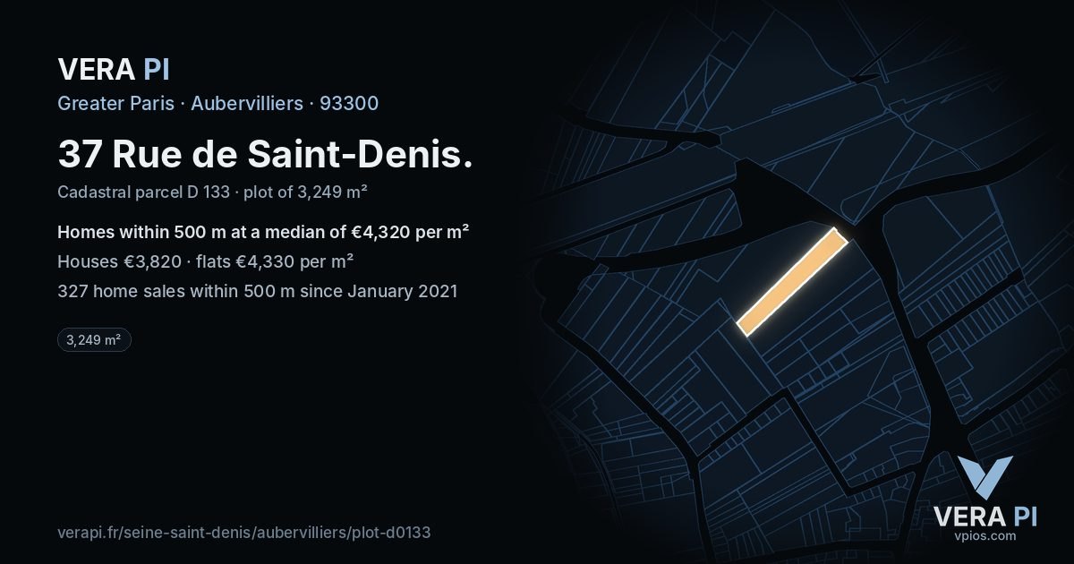 37 Rue de Saint-Denis, Aubervilliers at night – the plot lit, the parcels around coloured by the prices near them