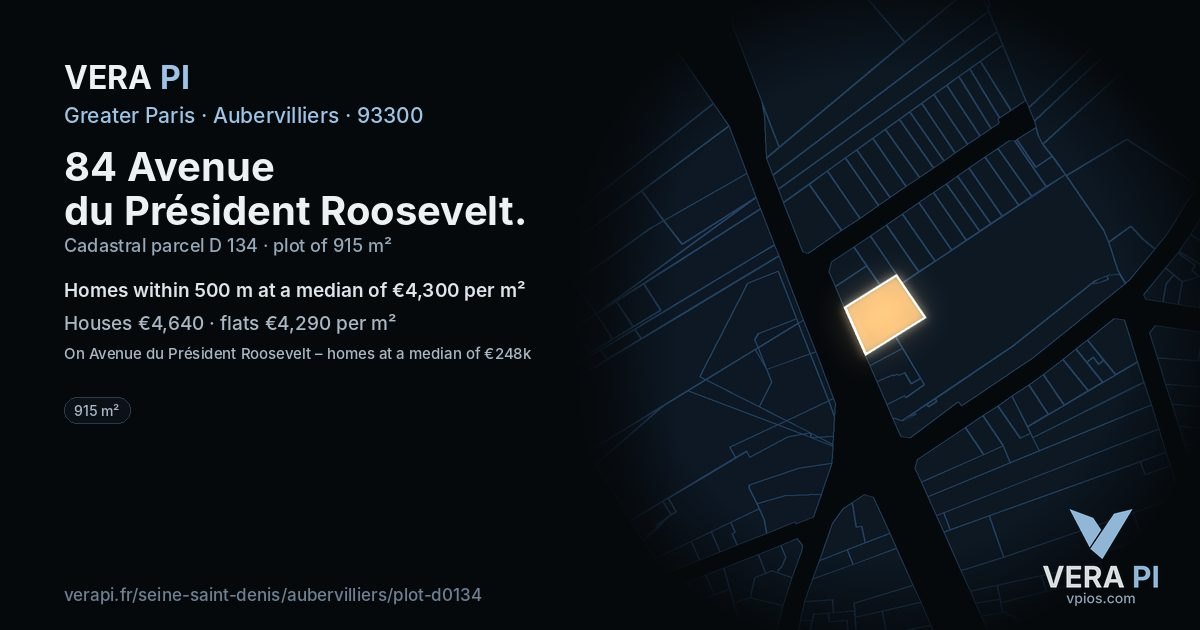84 Avenue du Président Roosevelt, Aubervilliers at night – the plot lit, the parcels around coloured by the prices near them