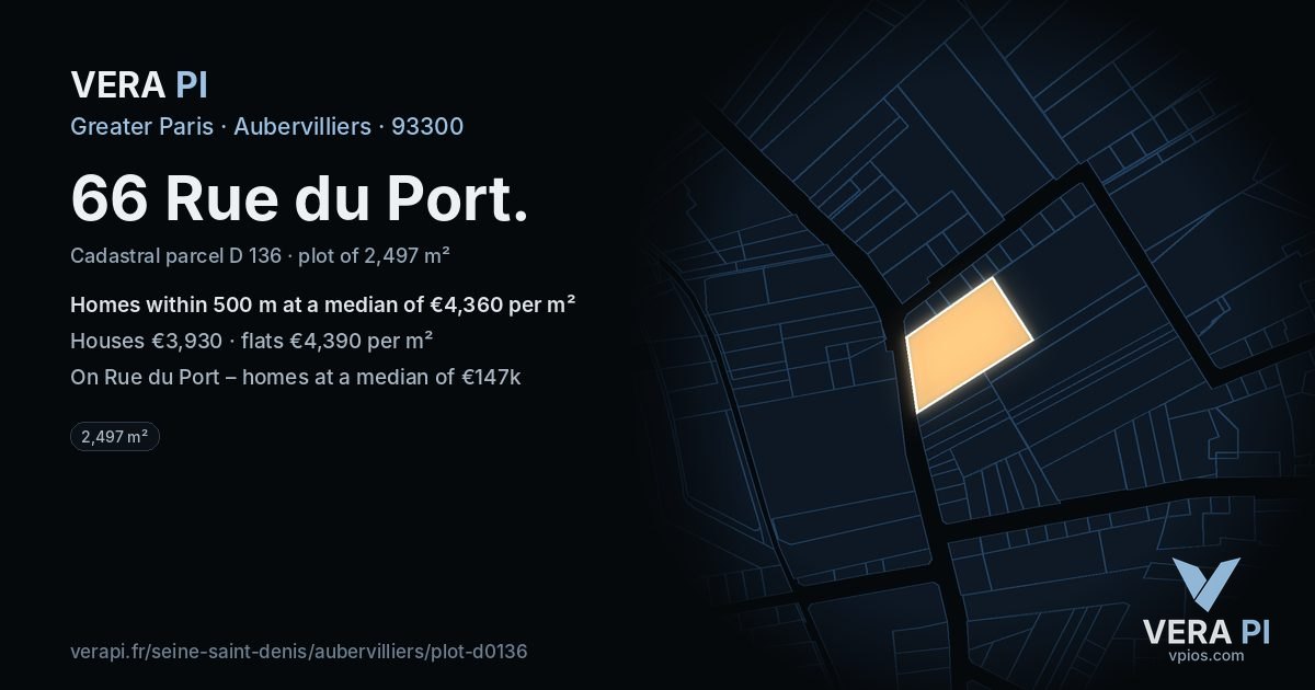 66 Rue du Port, Aubervilliers at night – the plot lit, the parcels around coloured by the prices near them