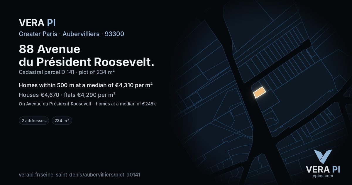 88 Avenue du Président Roosevelt, Aubervilliers at night – the plot lit, the parcels around coloured by the prices near them