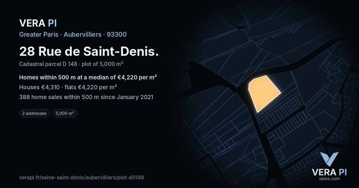 28 Rue de Saint-Denis, Aubervilliers at night – the plot lit, the parcels around coloured by the prices near them