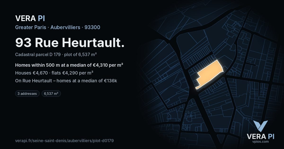 93 Rue Heurtault, Aubervilliers at night – the plot lit, the parcels around coloured by the prices near them