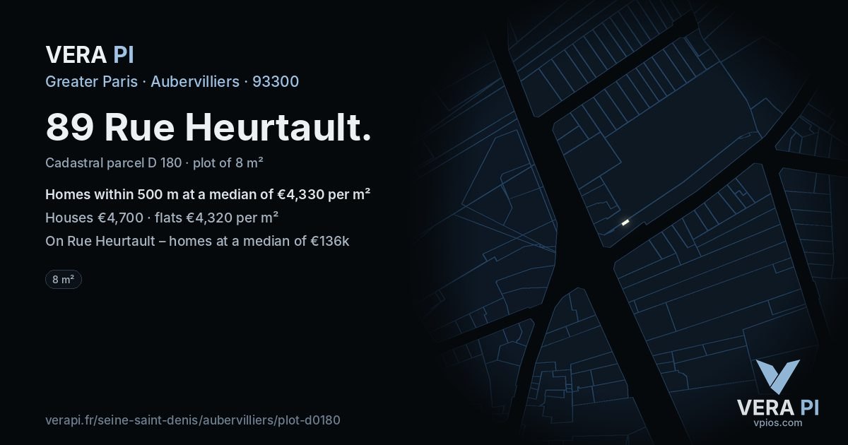 89 Rue Heurtault, Aubervilliers at night – the plot lit, the parcels around coloured by the prices near them