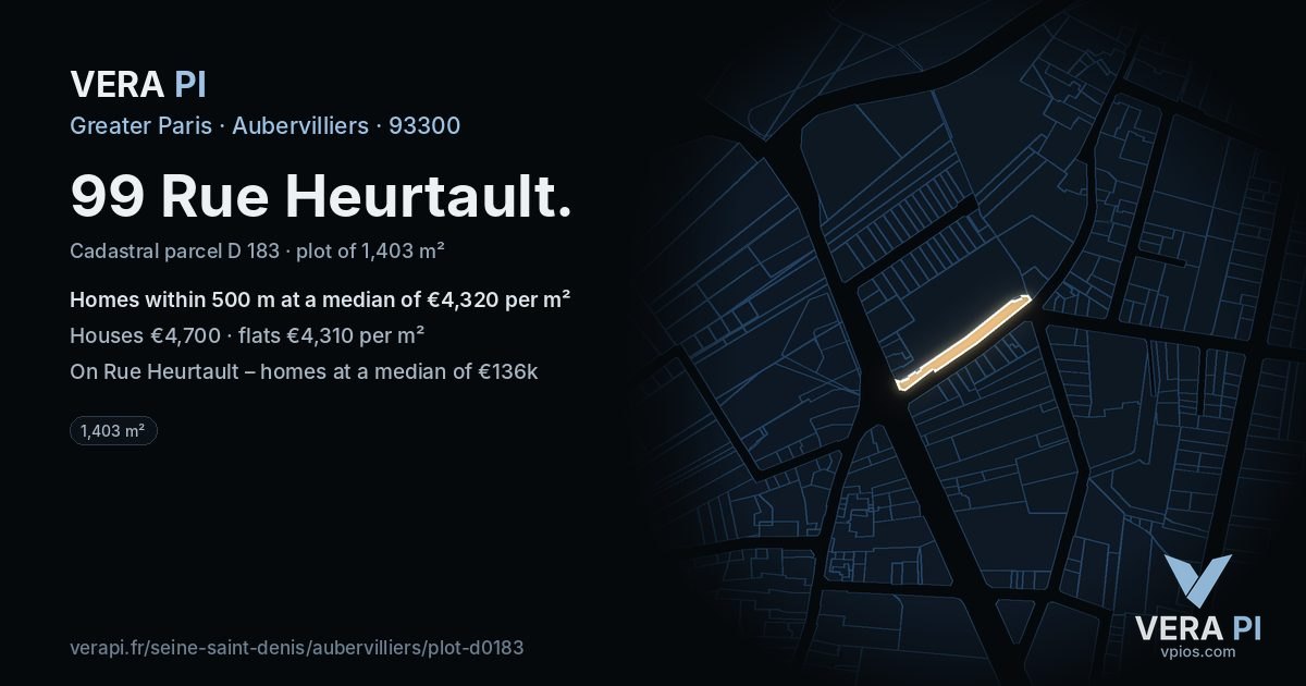 99 Rue Heurtault, Aubervilliers at night – the plot lit, the parcels around coloured by the prices near them
