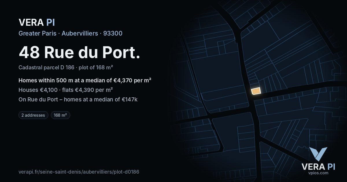 48 Rue du Port, Aubervilliers at night – the plot lit, the parcels around coloured by the prices near them