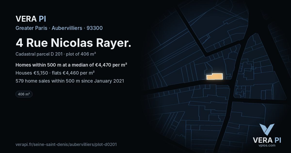 4 Rue Nicolas Rayer, Aubervilliers at night – the plot lit, the parcels around coloured by the prices near them
