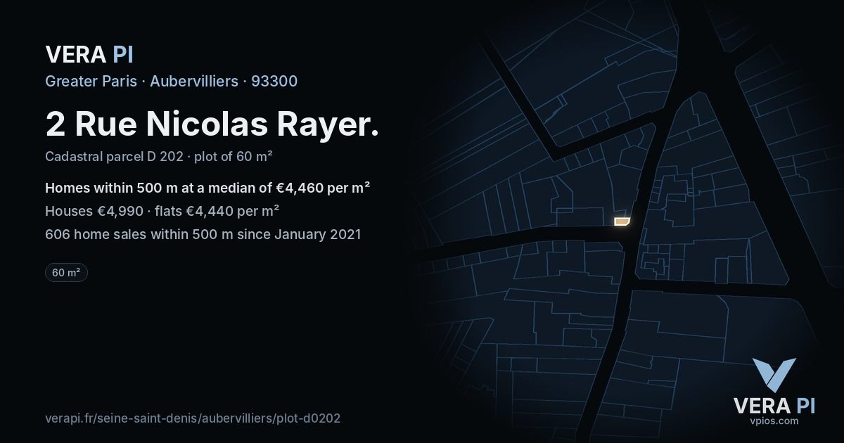 2 Rue Nicolas Rayer, Aubervilliers at night – the plot lit, the parcels around coloured by the prices near them