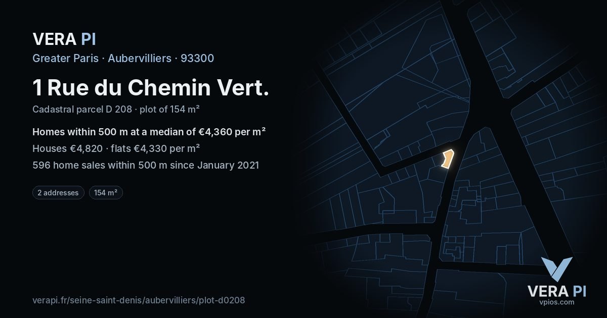1 Rue du Chemin Vert, Aubervilliers at night – the plot lit, the parcels around coloured by the prices near them