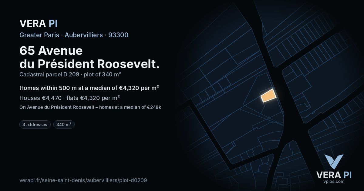 65 Avenue du Président Roosevelt, Aubervilliers at night – the plot lit, the parcels around coloured by the prices near them