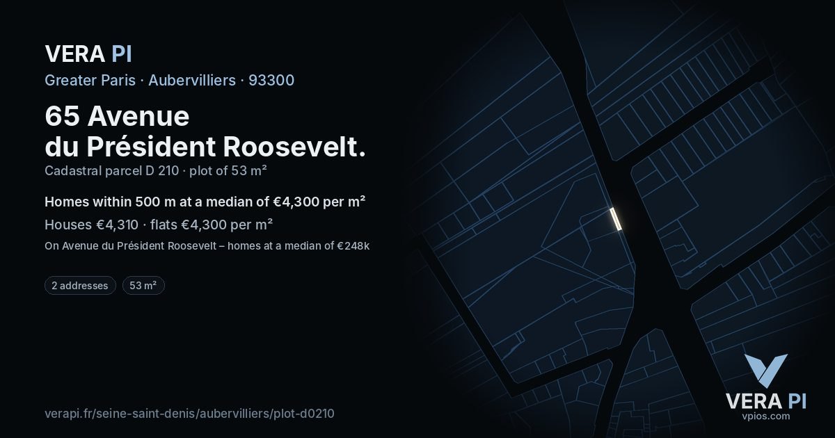 65 Avenue du Président Roosevelt, Aubervilliers at night – the plot lit, the parcels around coloured by the prices near them