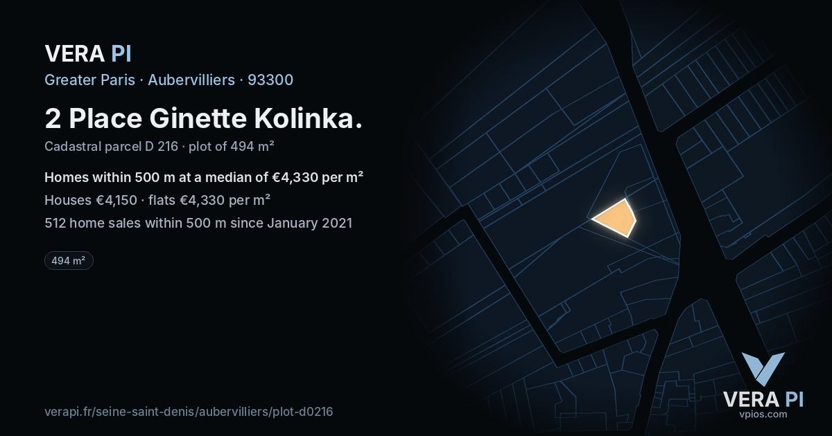 2 Place Ginette Kolinka, Aubervilliers at night – the plot lit, the parcels around coloured by the prices near them