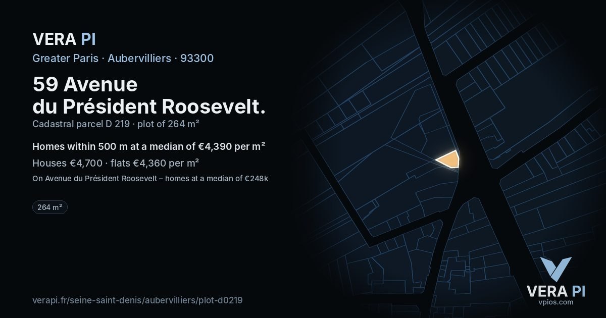 59 Avenue du Président Roosevelt, Aubervilliers at night – the plot lit, the parcels around coloured by the prices near them