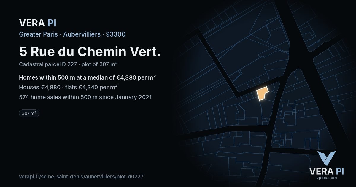 5 Rue du Chemin Vert, Aubervilliers at night – the plot lit, the parcels around coloured by the prices near them