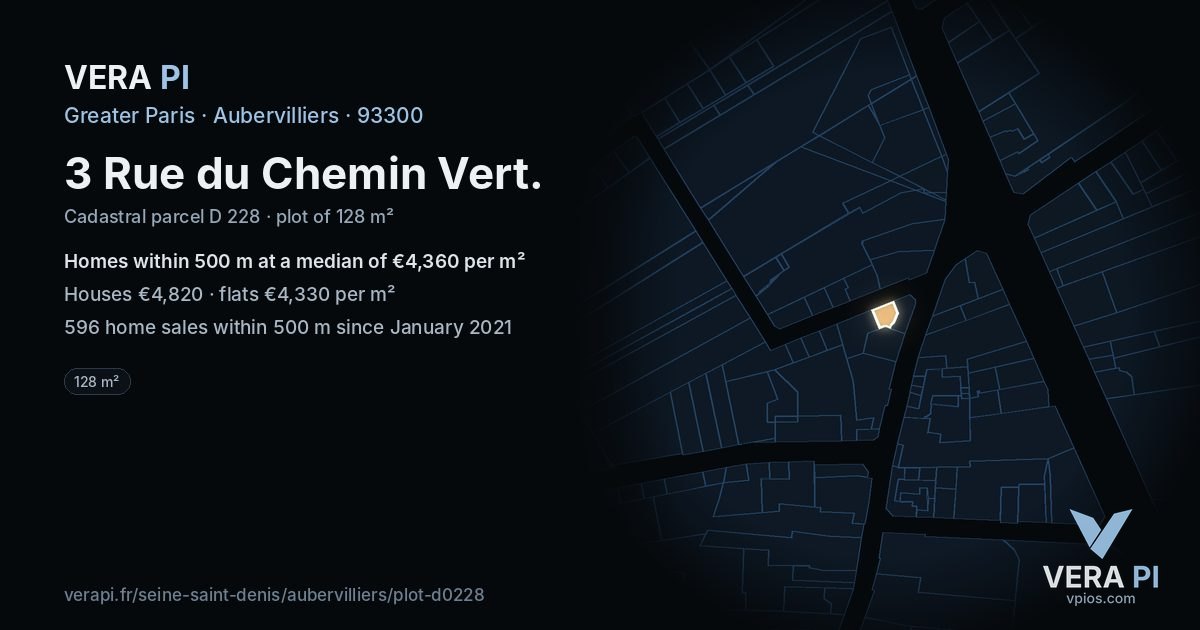 3 Rue du Chemin Vert, Aubervilliers at night – the plot lit, the parcels around coloured by the prices near them