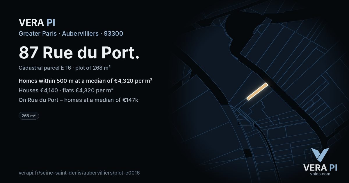 87 Rue du Port, Aubervilliers at night – the plot lit, the parcels around coloured by the prices near them