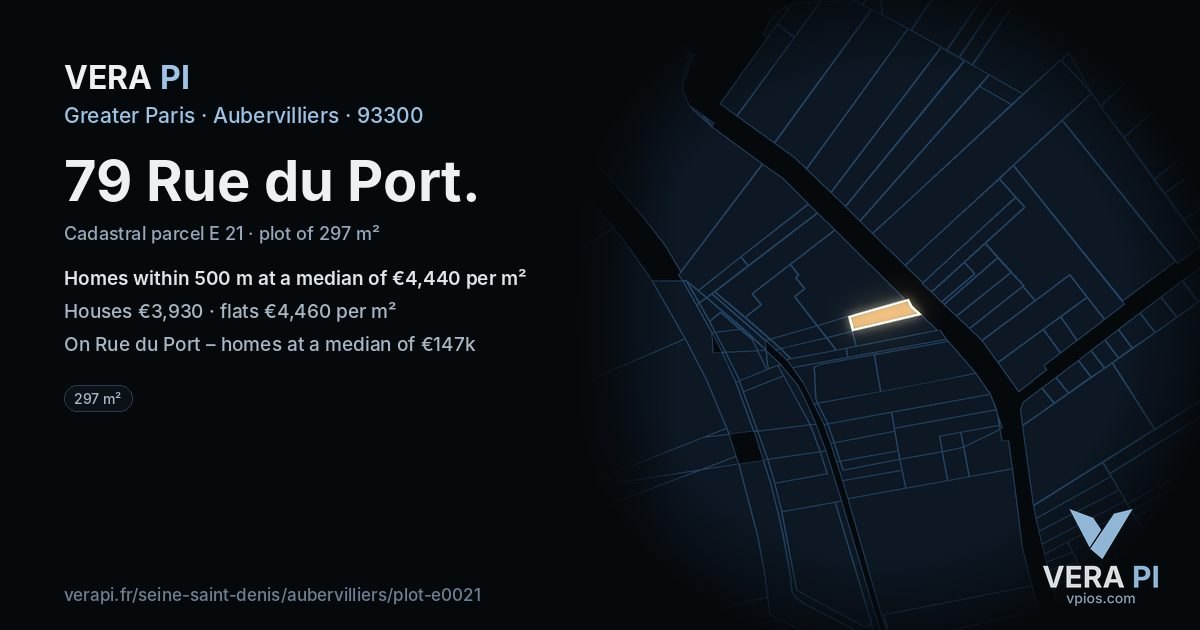 79 Rue du Port, Aubervilliers at night – the plot lit, the parcels around coloured by the prices near them