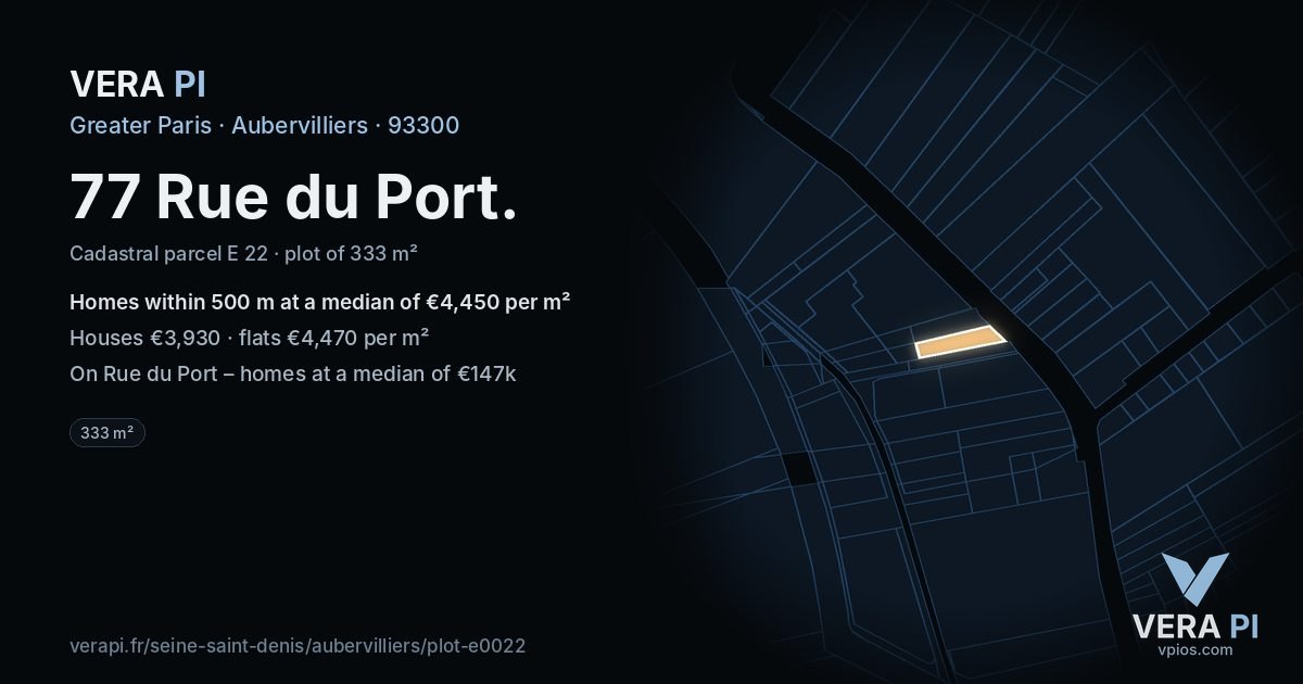 77 Rue du Port, Aubervilliers at night – the plot lit, the parcels around coloured by the prices near them