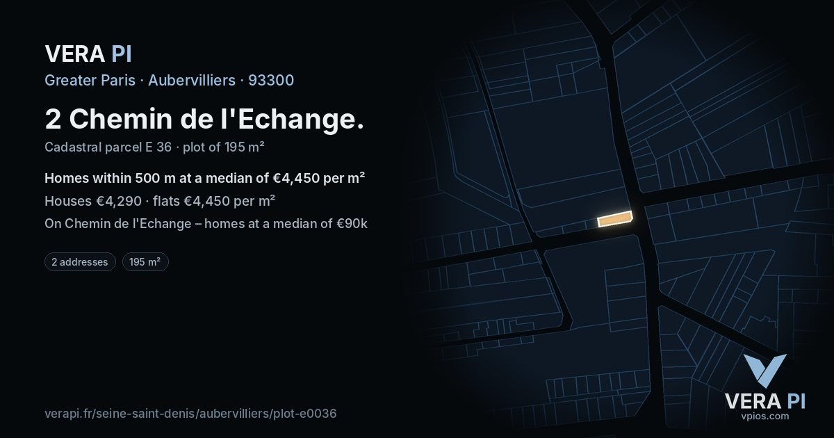 2 Chemin de l'Echange, Aubervilliers at night – the plot lit, the parcels around coloured by the prices near them