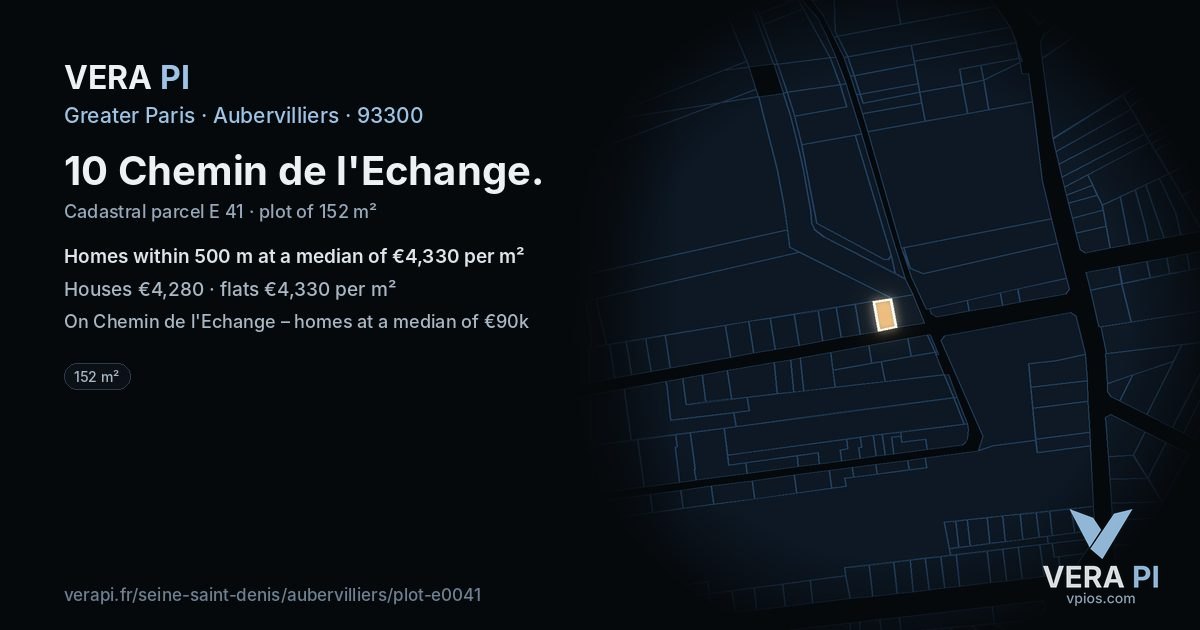 10 Chemin de l'Echange, Aubervilliers at night – the plot lit, the parcels around coloured by the prices near them