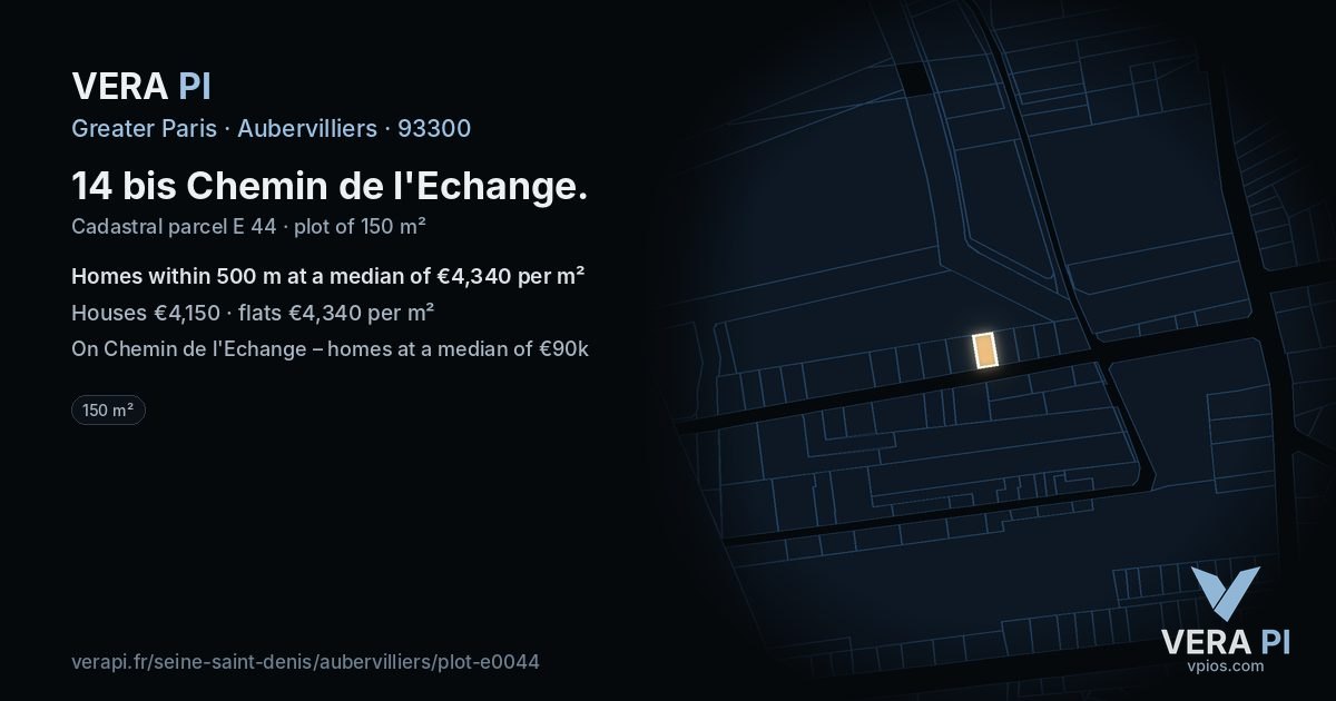 14 bis Chemin de l'Echange, Aubervilliers at night – the plot lit, the parcels around coloured by the prices near them