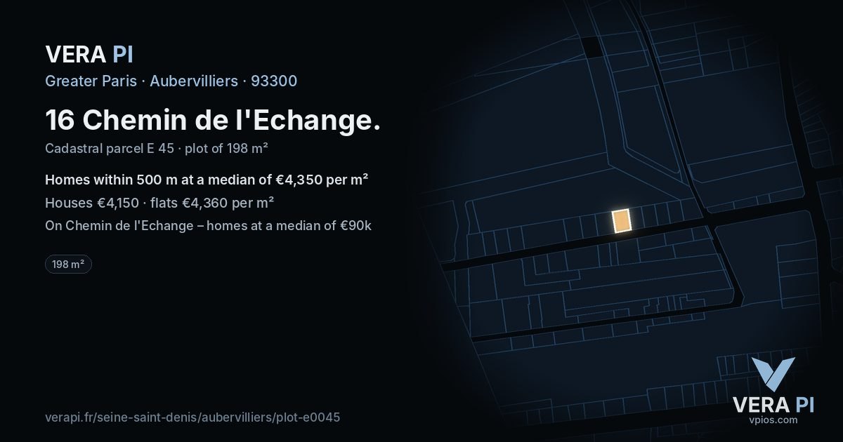 16 Chemin de l'Echange, Aubervilliers at night – the plot lit, the parcels around coloured by the prices near them