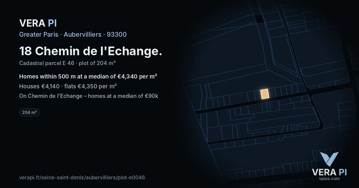 18 Chemin de l'Echange, Aubervilliers at night – the plot lit, the parcels around coloured by the prices near them