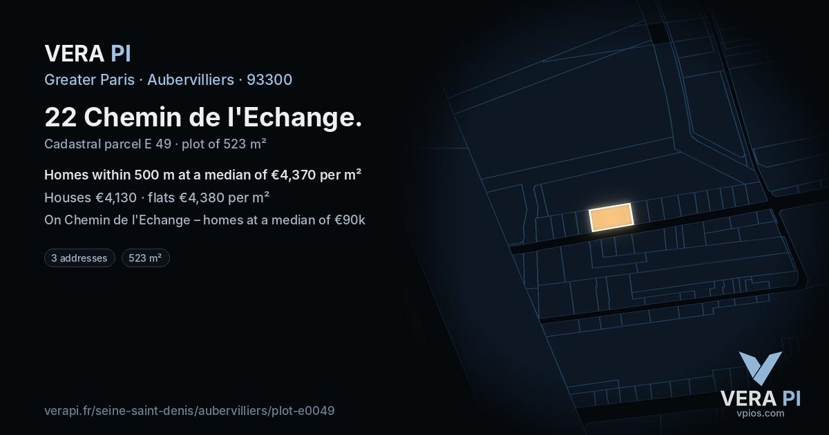 22 Chemin de l'Echange, Aubervilliers at night – the plot lit, the parcels around coloured by the prices near them