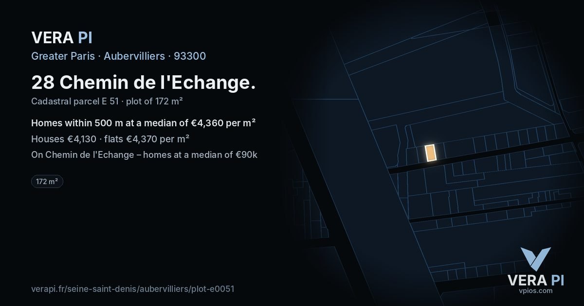 28 Chemin de l'Echange, Aubervilliers at night – the plot lit, the parcels around coloured by the prices near them