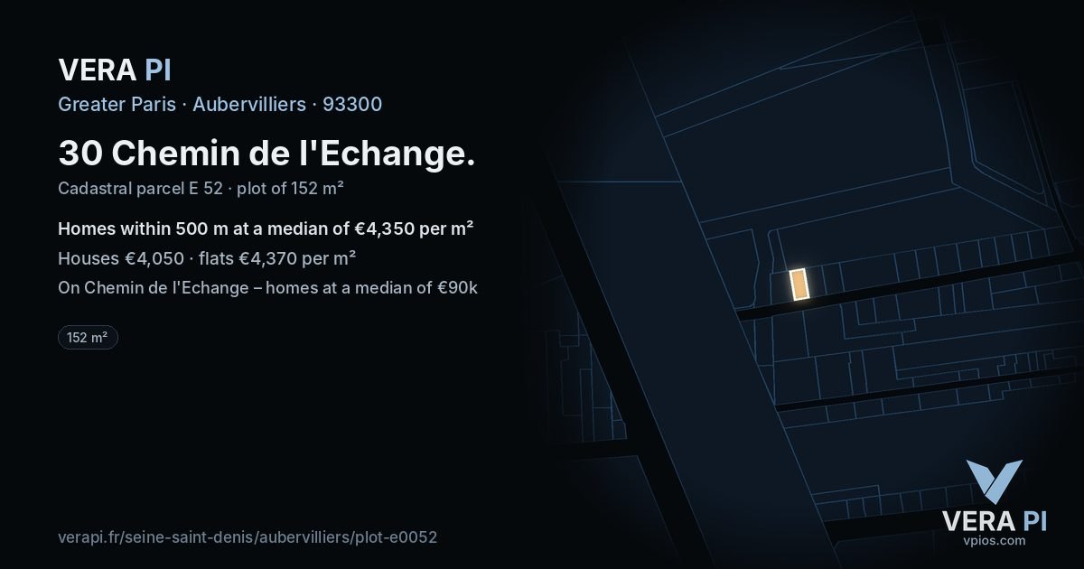30 Chemin de l'Echange, Aubervilliers at night – the plot lit, the parcels around coloured by the prices near them