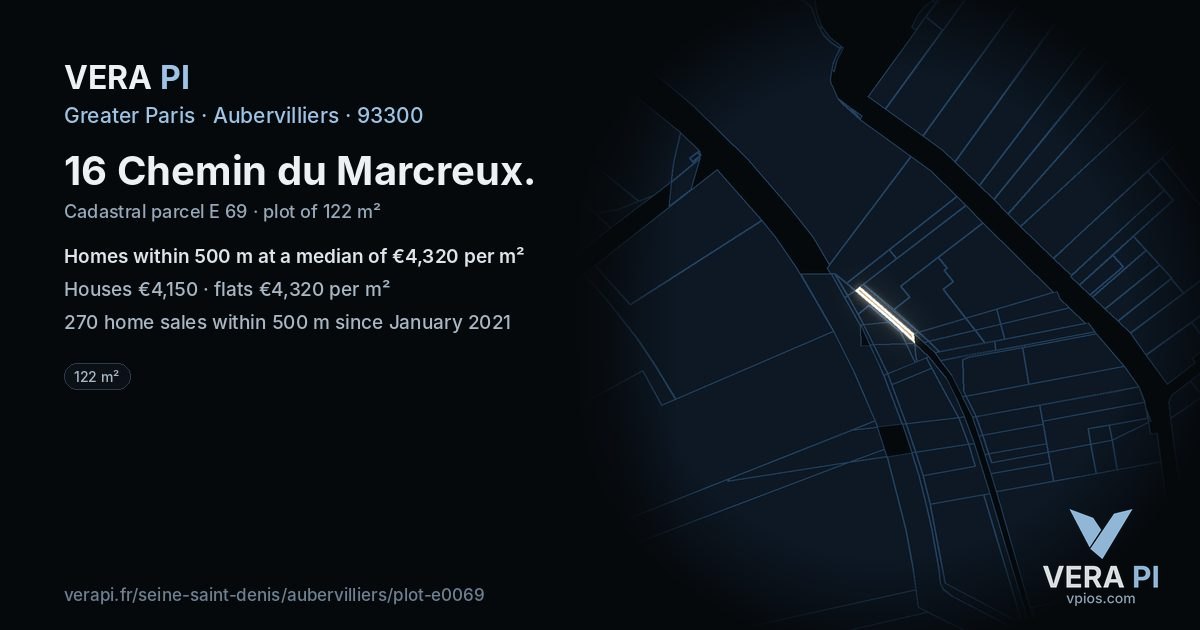 16 Chemin du Marcreux, Aubervilliers at night – the plot lit, the parcels around coloured by the prices near them