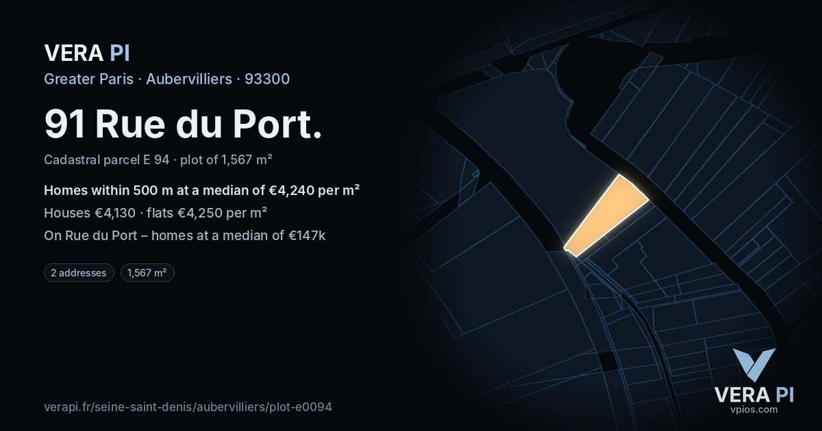 91 Rue du Port, Aubervilliers at night – the plot lit, the parcels around coloured by the prices near them