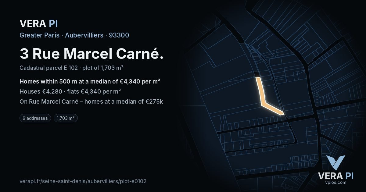 3 Rue Marcel Carné, Aubervilliers at night – the plot lit, the parcels around coloured by the prices near them