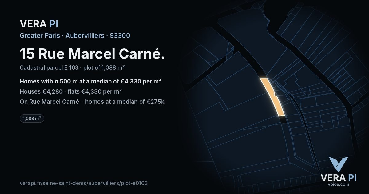 15 Rue Marcel Carné, Aubervilliers at night – the plot lit, the parcels around coloured by the prices near them