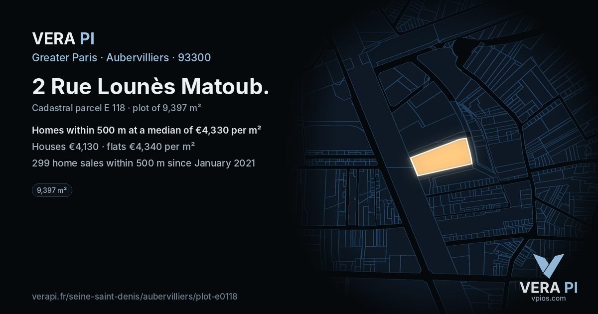 2 Rue Lounès Matoub, Aubervilliers at night – the plot lit, the parcels around coloured by the prices near them