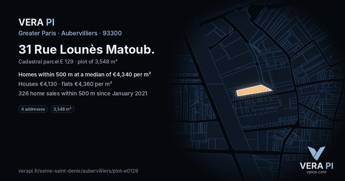 31 Rue Lounès Matoub, Aubervilliers at night – the plot lit, the parcels around coloured by the prices near them