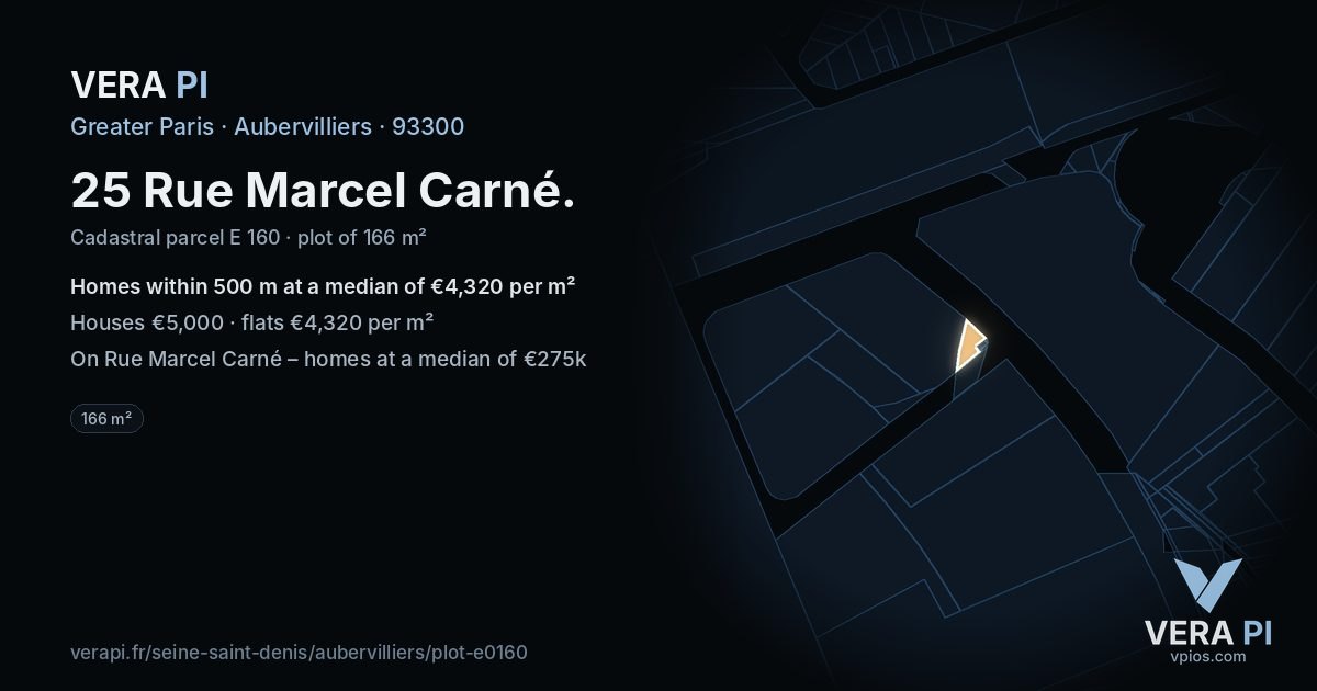25 Rue Marcel Carné, Aubervilliers at night – the plot lit, the parcels around coloured by the prices near them