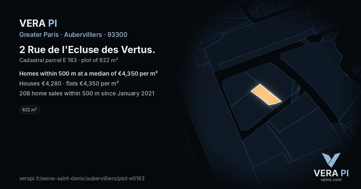 2 Rue de l'Ecluse des Vertus, Aubervilliers at night – the plot lit, the parcels around coloured by the prices near them