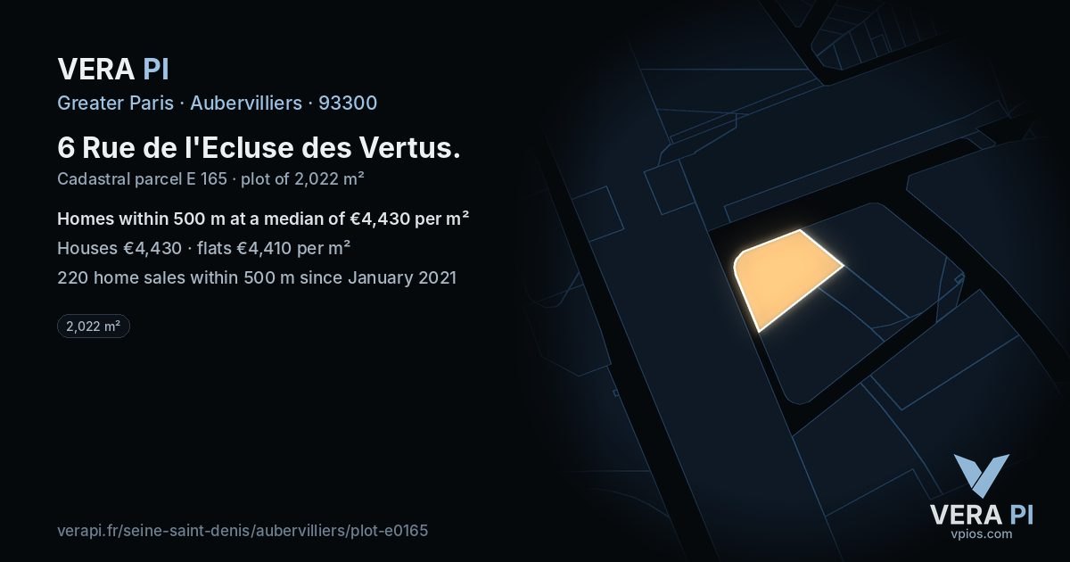 6 Rue de l'Ecluse des Vertus, Aubervilliers at night – the plot lit, the parcels around coloured by the prices near them