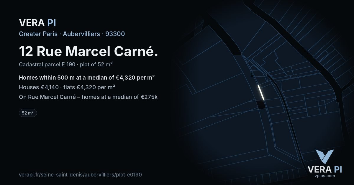 12 Rue Marcel Carné, Aubervilliers at night – the plot lit, the parcels around coloured by the prices near them