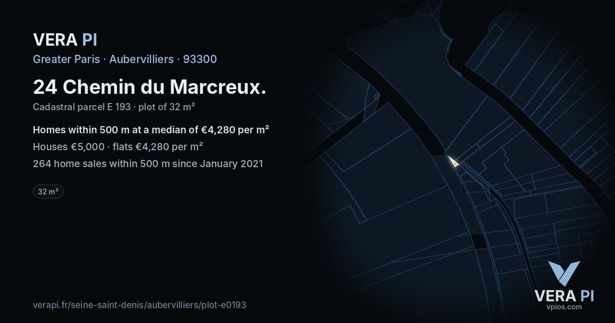 24 Chemin du Marcreux, Aubervilliers at night – the plot lit, the parcels around coloured by the prices near them