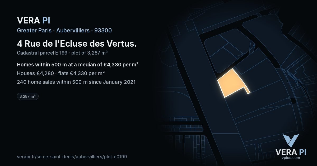 4 Rue de l'Ecluse des Vertus, Aubervilliers at night – the plot lit, the parcels around coloured by the prices near them