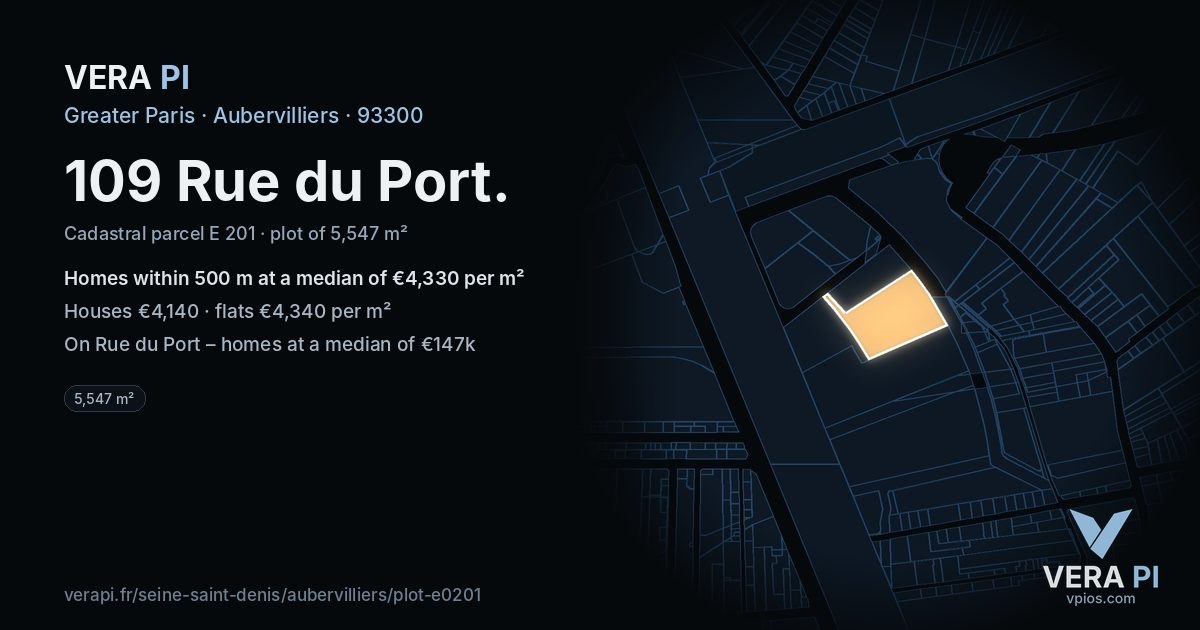 109 Rue du Port, Aubervilliers at night – the plot lit, the parcels around coloured by the prices near them