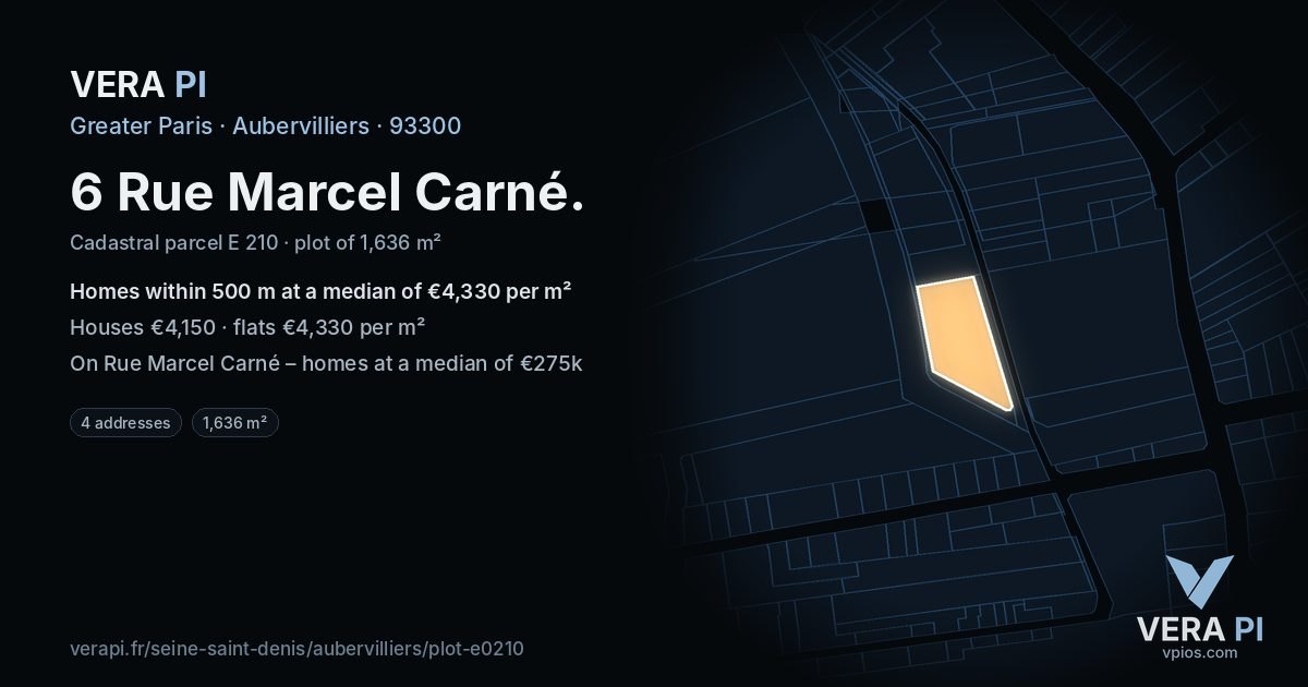 6 Rue Marcel Carné, Aubervilliers at night – the plot lit, the parcels around coloured by the prices near them