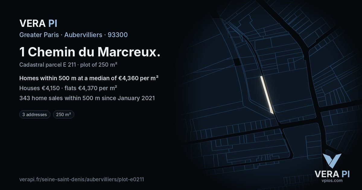 1 Chemin du Marcreux, Aubervilliers at night – the plot lit, the parcels around coloured by the prices near them