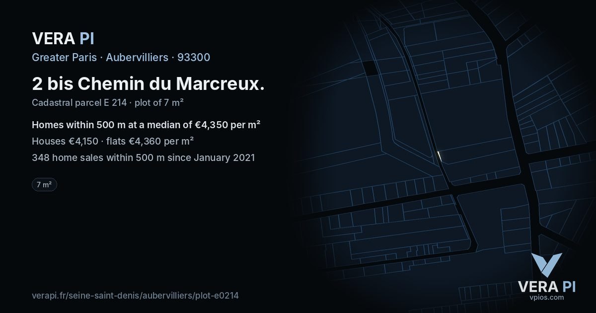 2 bis Chemin du Marcreux, Aubervilliers at night – the plot lit, the parcels around coloured by the prices near them