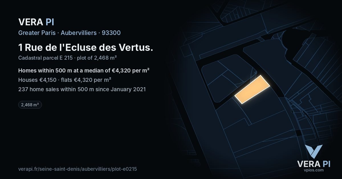 1 Rue de l'Ecluse des Vertus, Aubervilliers at night – the plot lit, the parcels around coloured by the prices near them