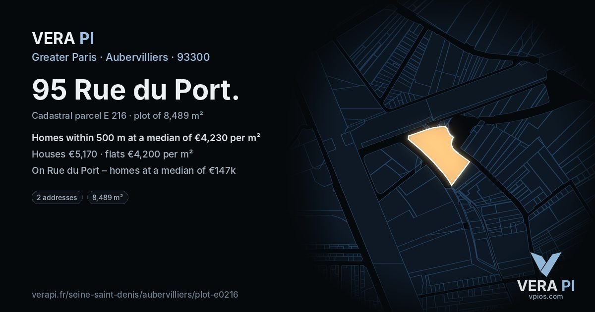95 Rue du Port, Aubervilliers at night – the plot lit, the parcels around coloured by the prices near them