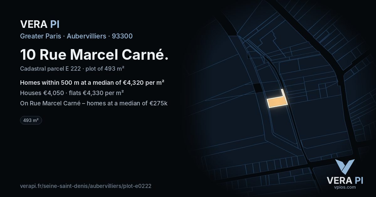 10 Rue Marcel Carné, Aubervilliers at night – the plot lit, the parcels around coloured by the prices near them